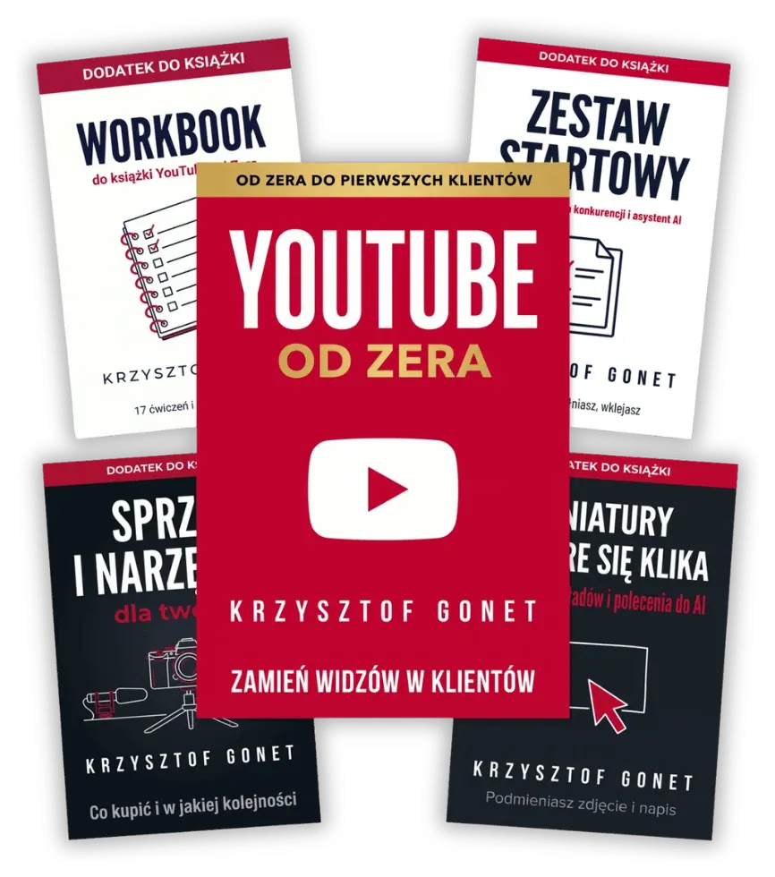 Komplet YouTube od Zera: poradnik i cztery dodatki rozłożone wachlarzem